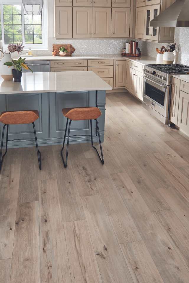 wood look laminate in modern kitchen with blue kitchen island